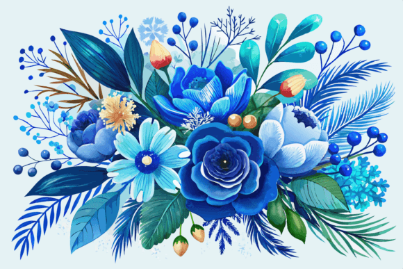 Download Blue Watercolor Winter Flowers Bouquet - Blue Collection