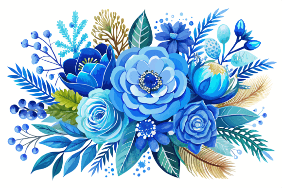 Download Blue Watercolor Winter Flowers Bouquet - Blue Collection