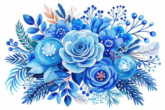 Download Blue Watercolor Winter Flowers Bouquet - Blue Collection