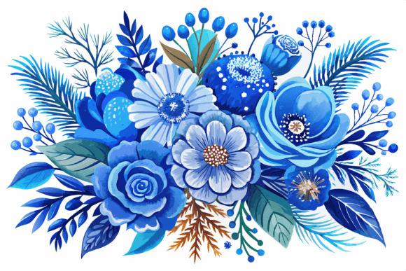 Download Blue Watercolor Winter Flowers Bouquet - Blue Collection